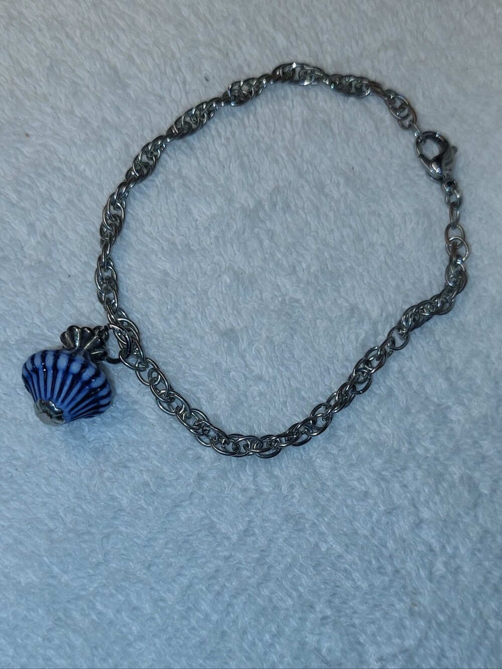 Vintage Silver Chain Bracelet with Blue Shell Charm